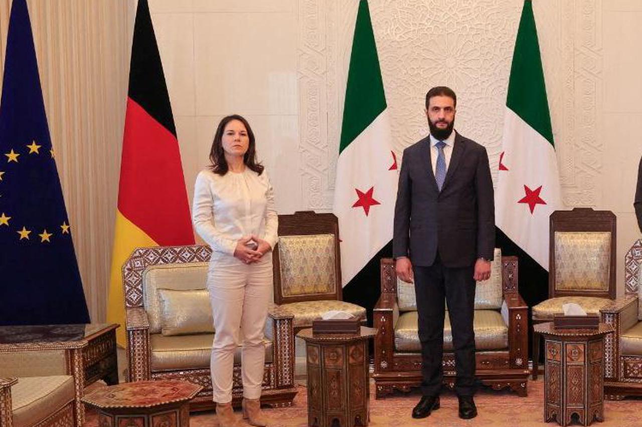 Head of Hayat Tahrir al-Sham and Syria's de facto leader, Ahmed al-Sharaa, also known as Abu Mohammed al-Golani meets with German Foreign Minister Baerbock, French Foreign Minister Barrot and Syria's newly appointed Foreign Minister al-Shibani, in Damascu