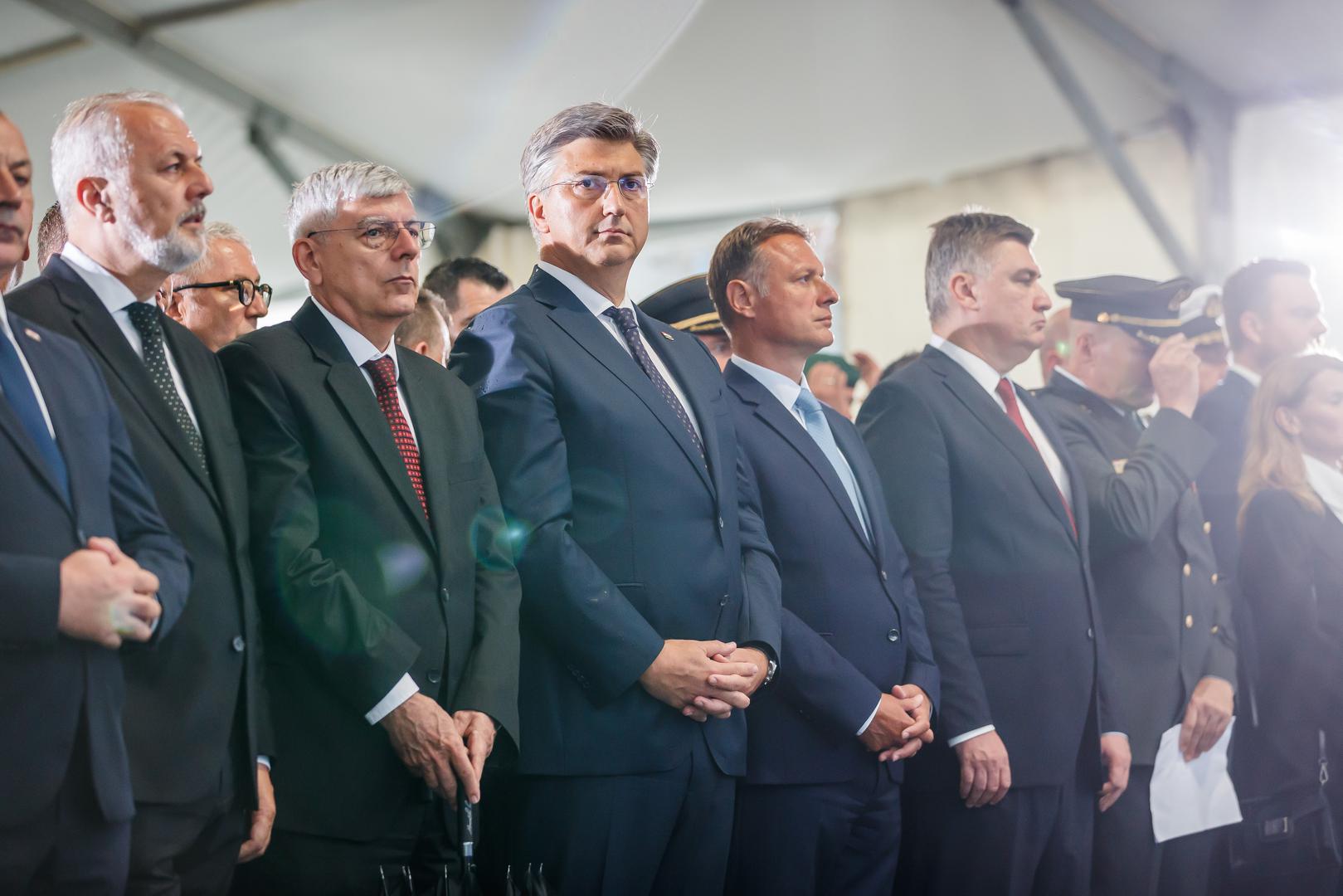 05.08.2023., Knin - Svecano obiljezavanje 28 obljetnice Oluje u Kninu. Tomo Medved, Ante Sanader, Zeljko Reiner, Andrej Plenkovic, Gordan Jandrokovic, Zoran Milanovic  Photo: Zvonimir Barisin/PIXSELL