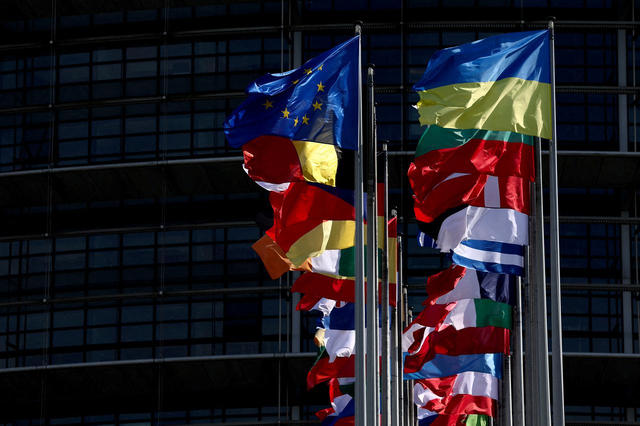 FILE PHOTO: Flags flutter outside of the European Parliament in Strasbourg