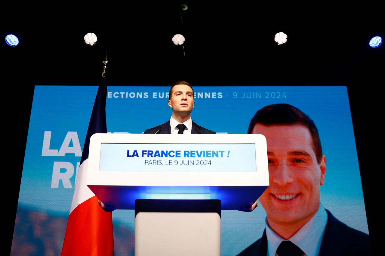 Bardella speaks after the polls closed during the European Parliament elections, in Paris