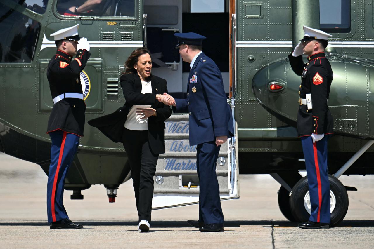 Democratic presidential nominee and U.S. Vice President Harris boards Air Force Two at Joint Base Andrews