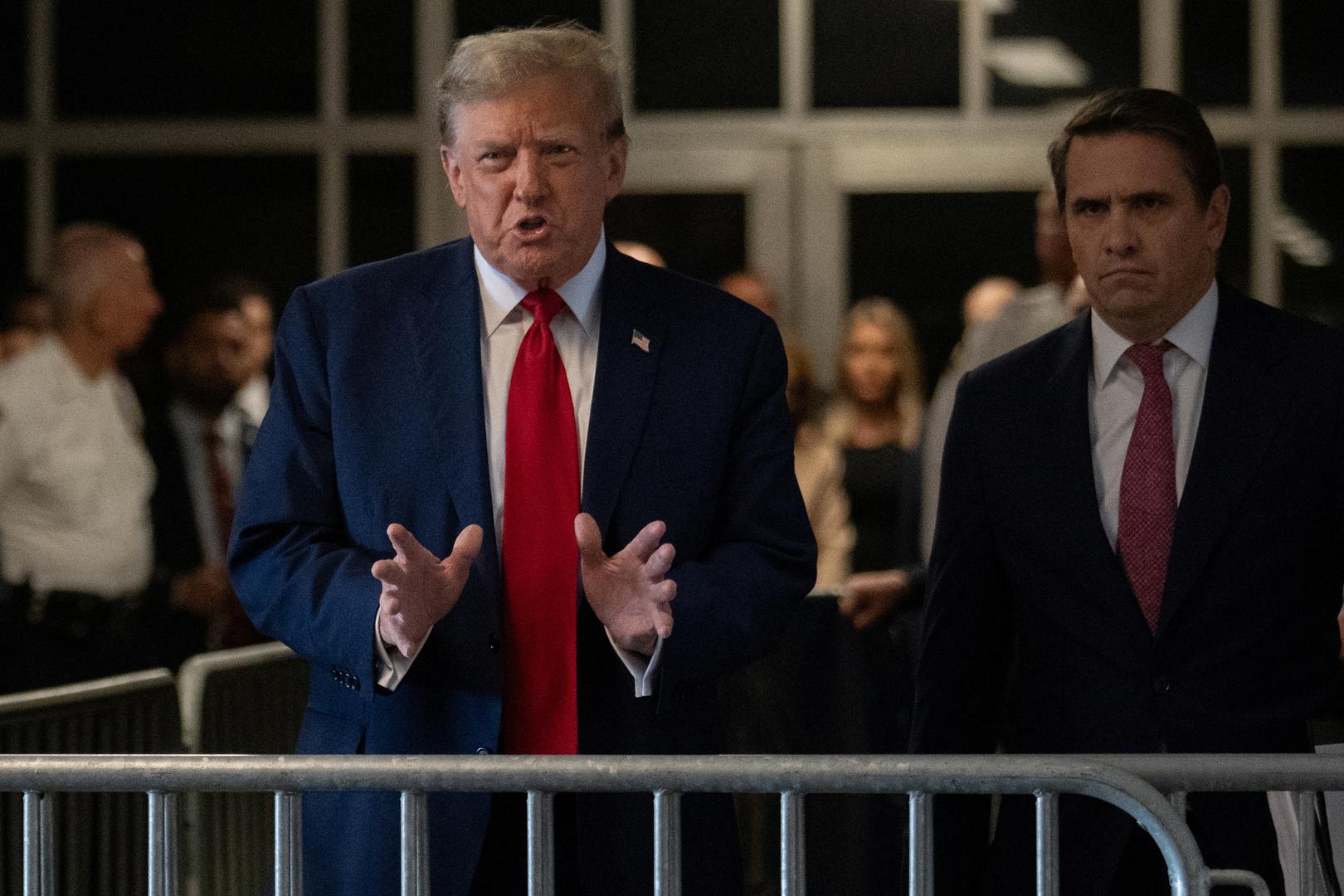 Former U.S. President Donald Trump at Manhattan criminal court in New York, U.S., on Monday, April 15, 2024. Jury selection beings Monday in Trump's criminal trial where he faces 34 felony counts of falsifying business records as part of an alleged scheme to silence claims of extramarital sexual encounters during his 2016 presidential campaign.  Jeenah Moon/Pool via REUTERS Photo: JEENAH MOON/REUTERS