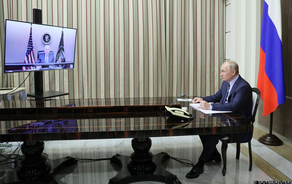 Russian President Vladimir Putin holds talks with U.S. President Joe Biden via a video link in Sochi