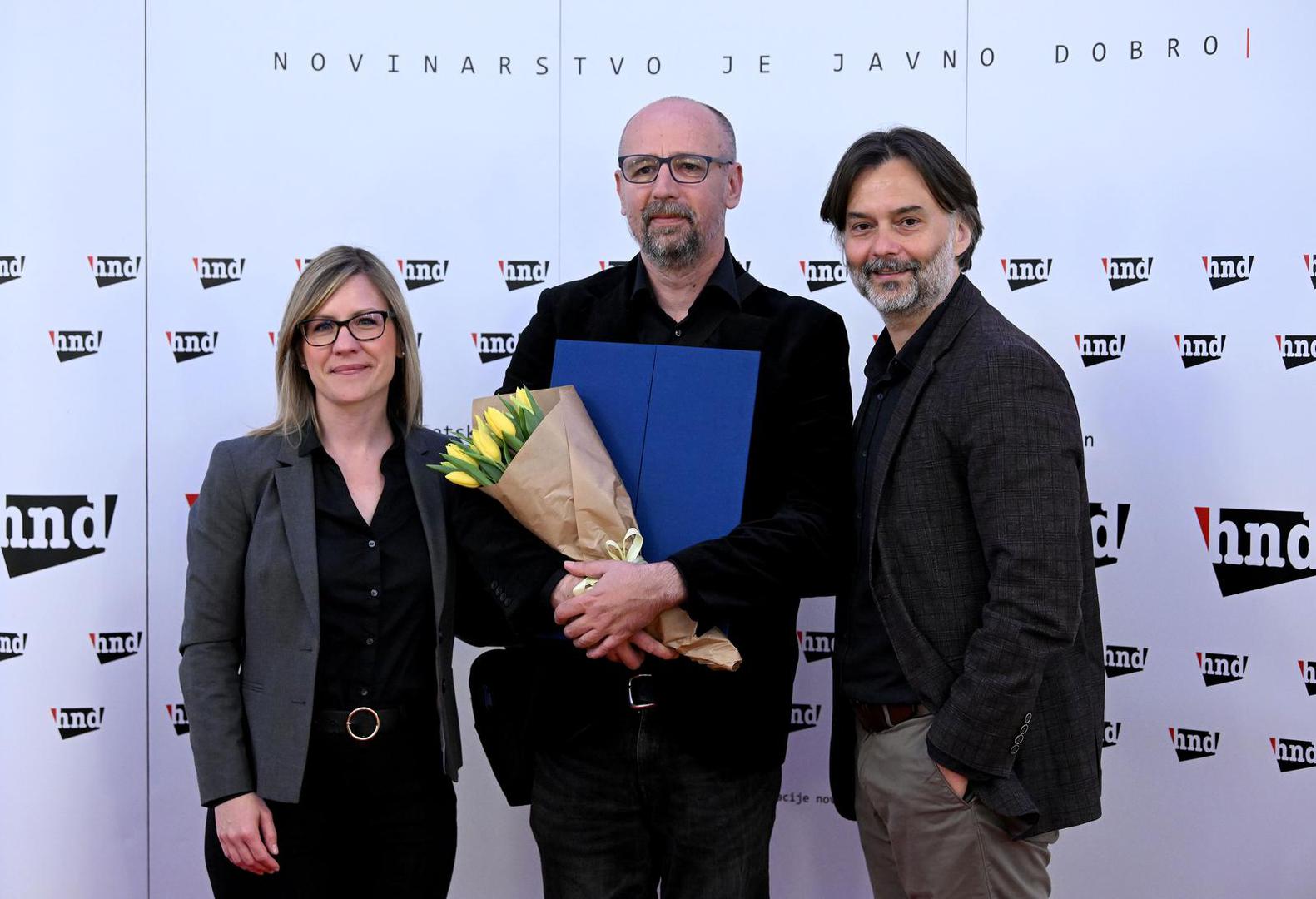 08.05.2023., Zagreb - U Novinarskom domu odrzala se svecana dodjela Nagrade Europa, koja ce se odrzati ususret Danu Europe. Petra Balija, Josip Bohutinski, Drazen Klaric Photo: Marko Lukunic/PIXSELL