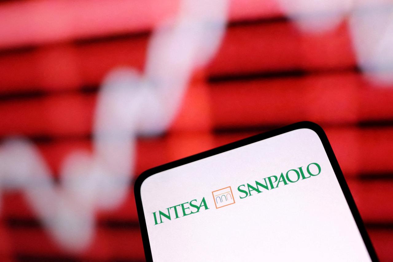 Illustration shows Intesa Sanpaolo bank logo and rising stock graph