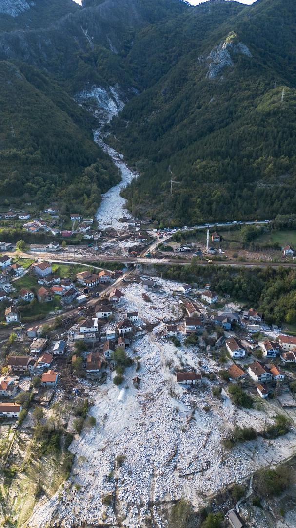 07.10.2024., Jablanica - Pogled iz zraka na mjesto Donje Jablanica i kamenolom iz kojeg je krenula lavina kamenja zajedno s bujicom. Photo: Denis Kapetanovic/PIXSELL