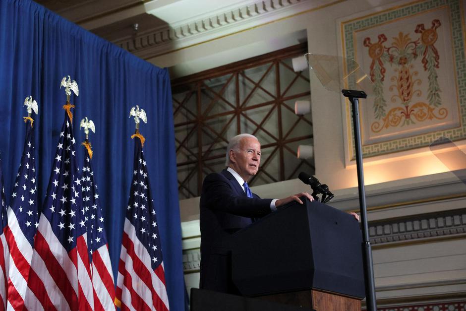 U.S. President Biden speaks during a Democratic National Committee event at the Columbus Club in Washington