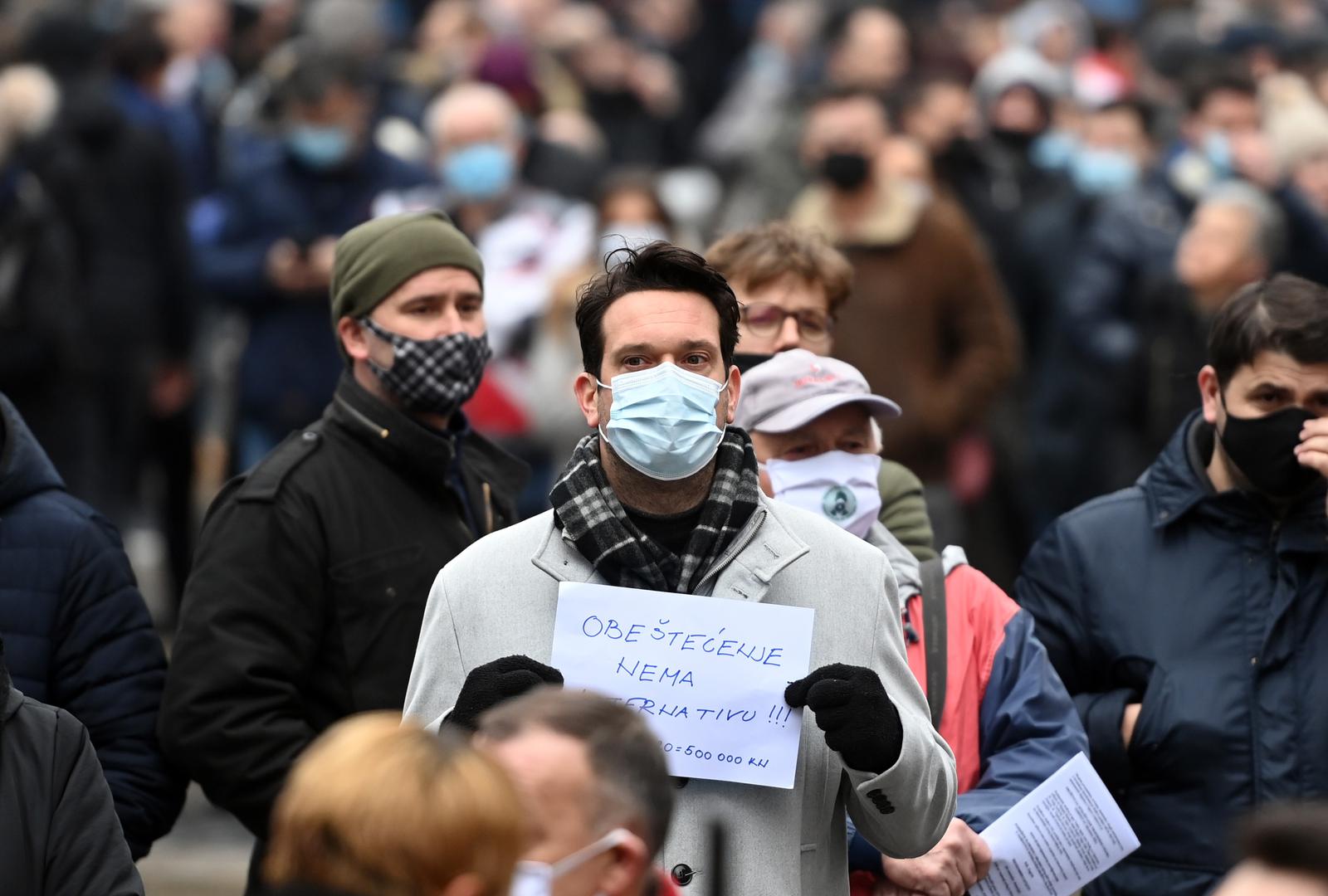 03.02.2021., Zagreb - U organizaciji Udruge Glas poduzetnika na Trgu bana Josipa Jelacica odrzan je prosvjed "zbog neadekvatnih ekonomskih mjera i diskriminatornih odluka prema dijelu poduzetnika". Photo: Igor Soban/PIXSELL