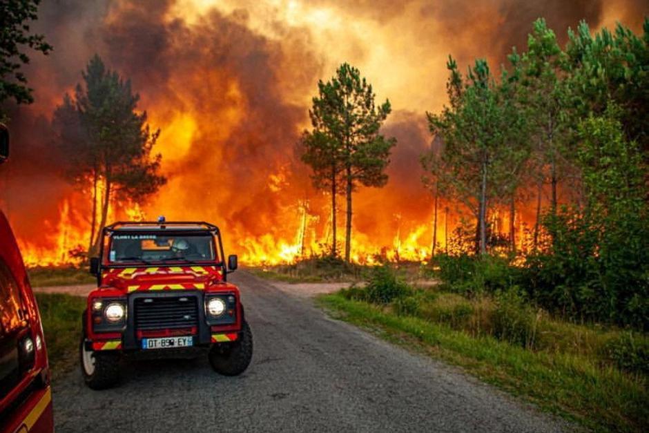 A view of trees burning amid a wildfire near Landiras