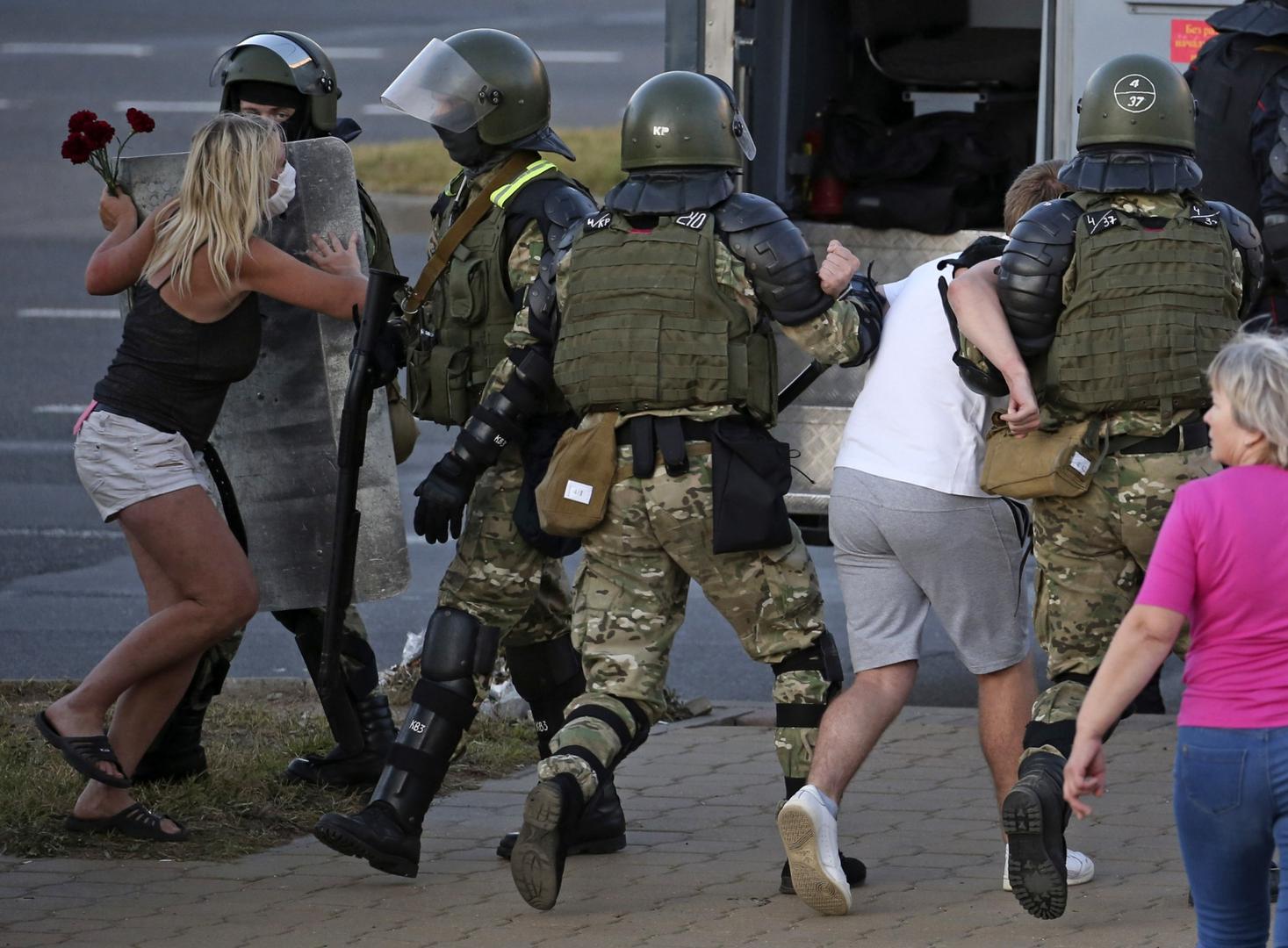 MINSK, BELARUS - AUGUST 11, 2020: Belarusian law enforcement officers detain participants in a protest against the results of the 2020 Belarusian presidential election. Mass protests erupted in major cities across Belarus in the evening of August 9. Natalia Fedosenko/TASS Photo via Newscom Newscom/PIXSELL