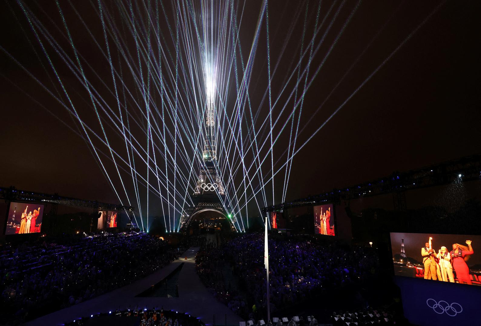 Paris 2024 Olympics - Opening Ceremony - Paris, France - July 26, 2024. A Light Show takes place as The Olympic Rings on the Eiffel Tower are illuminated during the opening ceremony of the Olympic Games Paris 2024 at Place du Trocadero. Pascal Le Segretain/Pool via REUTERS Photo: PASCAL LE SEGRETAIN/REUTERS