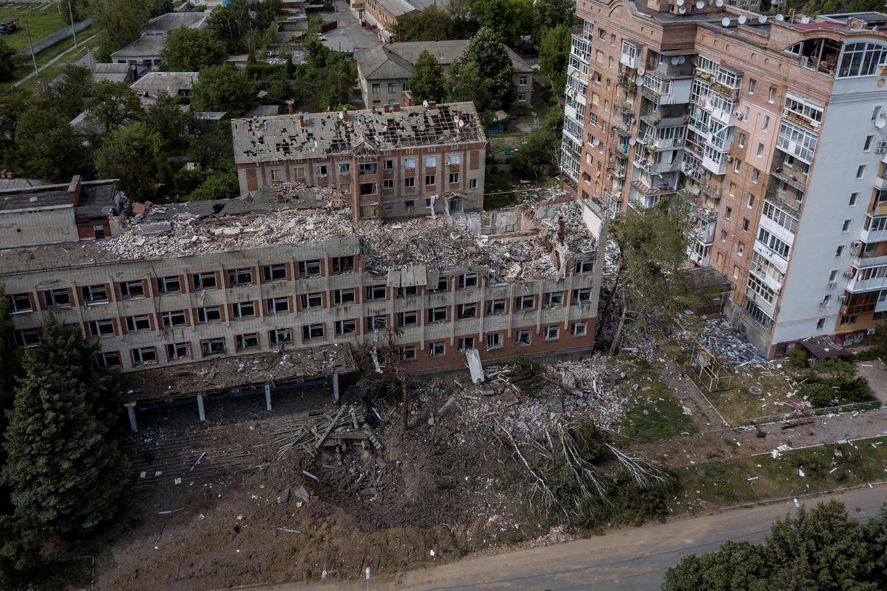 A destroyed building is seen after a rocket attack on a university campus, amid Russia's invasion, in Bakhmut