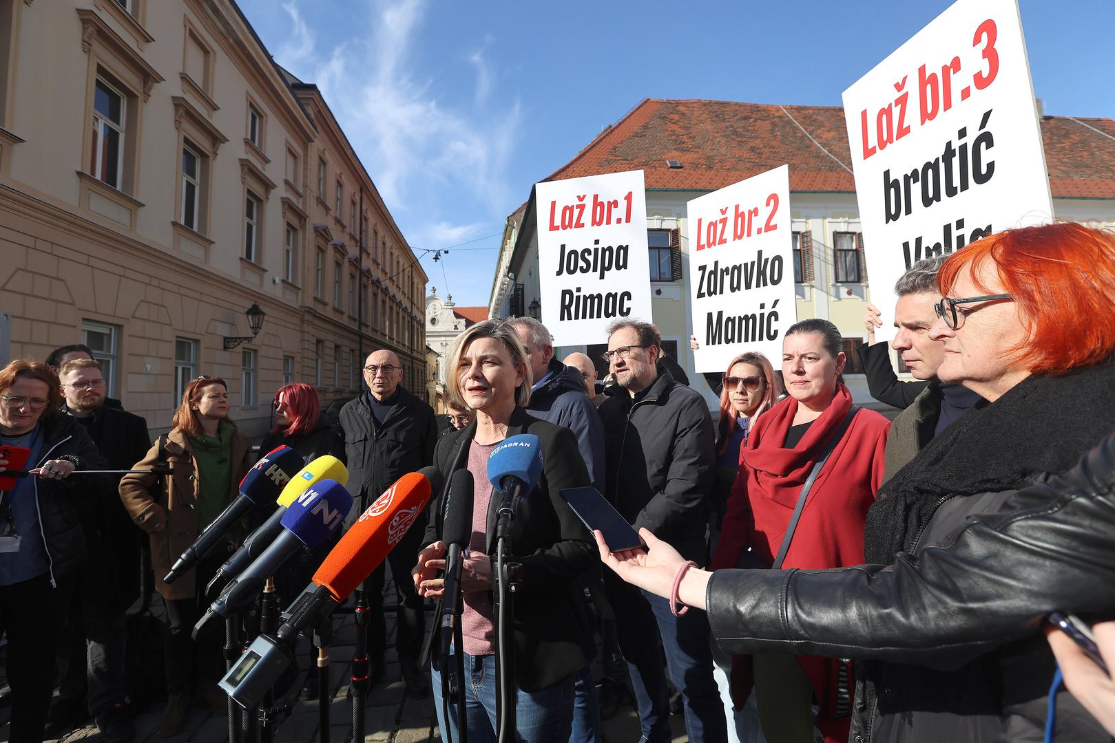 06.02.2024., Zagreb - Na konferenciji za medije stranke Mozemo odrzanoj na Trgu svetog Marka o temi "Turudiceve lazi su Plenkoviceve lazi" govorili su zastupnici stranke.
 Photo: Patrik Macek/PIXSELL