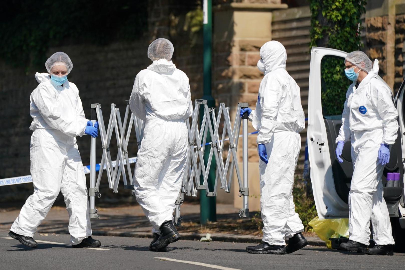 Police forensics officers on Magdala road, Nottingham, as a 31-year-old man has been arrested on suspicion of murder after three people were killed in Nottingham city centre early on Tuesday morning. Picture date: Tuesday June 13, 2023. Photo: Jacob King/PRESS ASSOCIATION