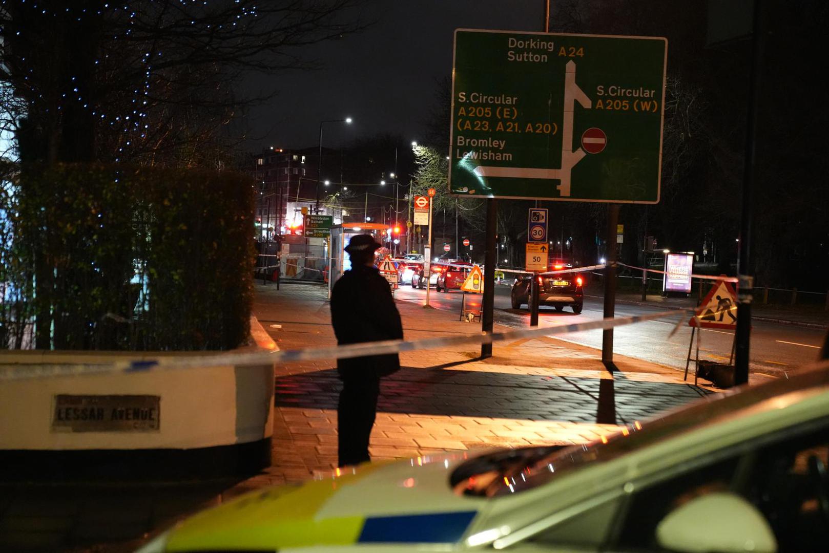 Police at the scene in Lessar Avenue near Clapham Common, south London, where a woman and her two young children have been taken to hospital after a man threw a suspected corrosive substance on Wednesday evening. Three other members of the public were also taken to hospital with injuries thought to have been suffered as they came to the aid of the woman and her children. Picture date: Thursday February 1, 2024. Photo: James Weech/PRESS ASSOCIATION