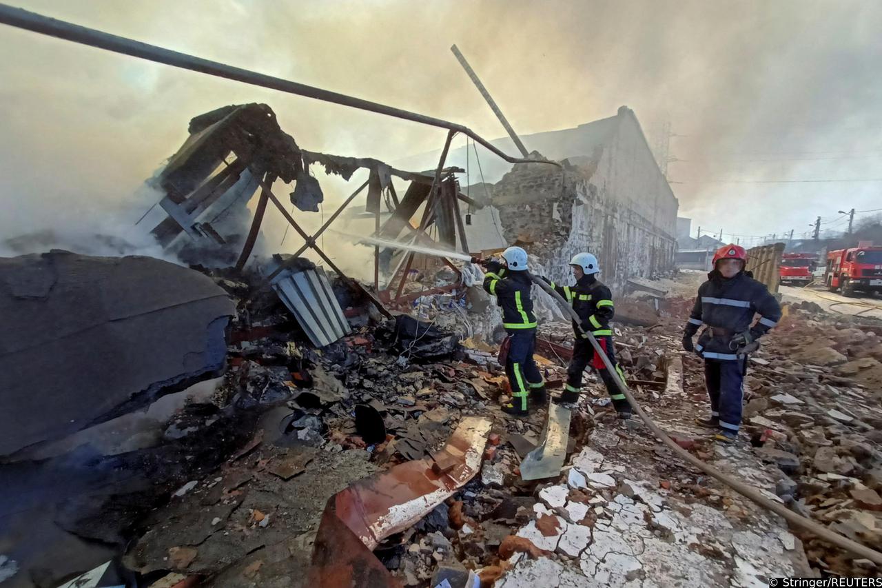 Warehouse storing products is seen on fire after shelling in Kharkiv