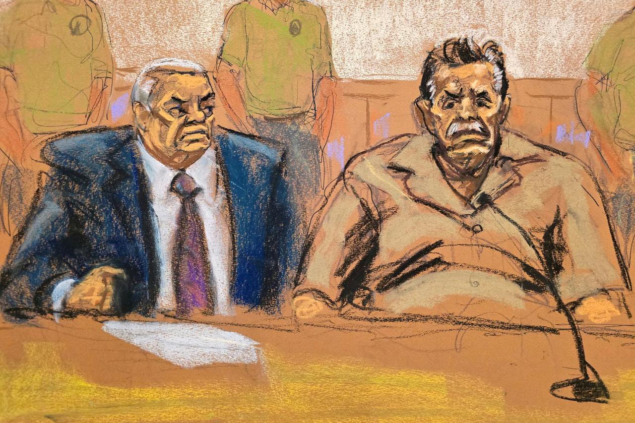 Accused Mexican former drug lord Ismael "El Mayo" Zambada sits with his attorney Frank Perez, at the courthouse in Brooklyn, New York