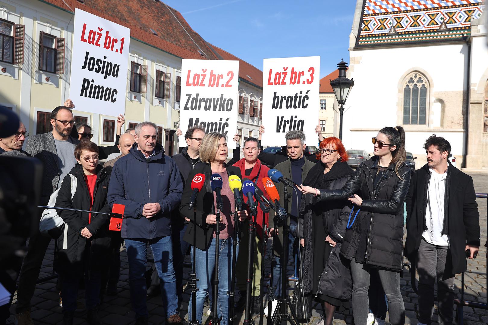 06.02.2024., Zagreb - Na konferenciji za medije stranke Mozemo odrzanoj na Trgu svetog Marka o temi "Turudiceve lazi su Plenkoviceve lazi" govorili su zastupnici stranke.
 Photo: Patrik Macek/PIXSELL