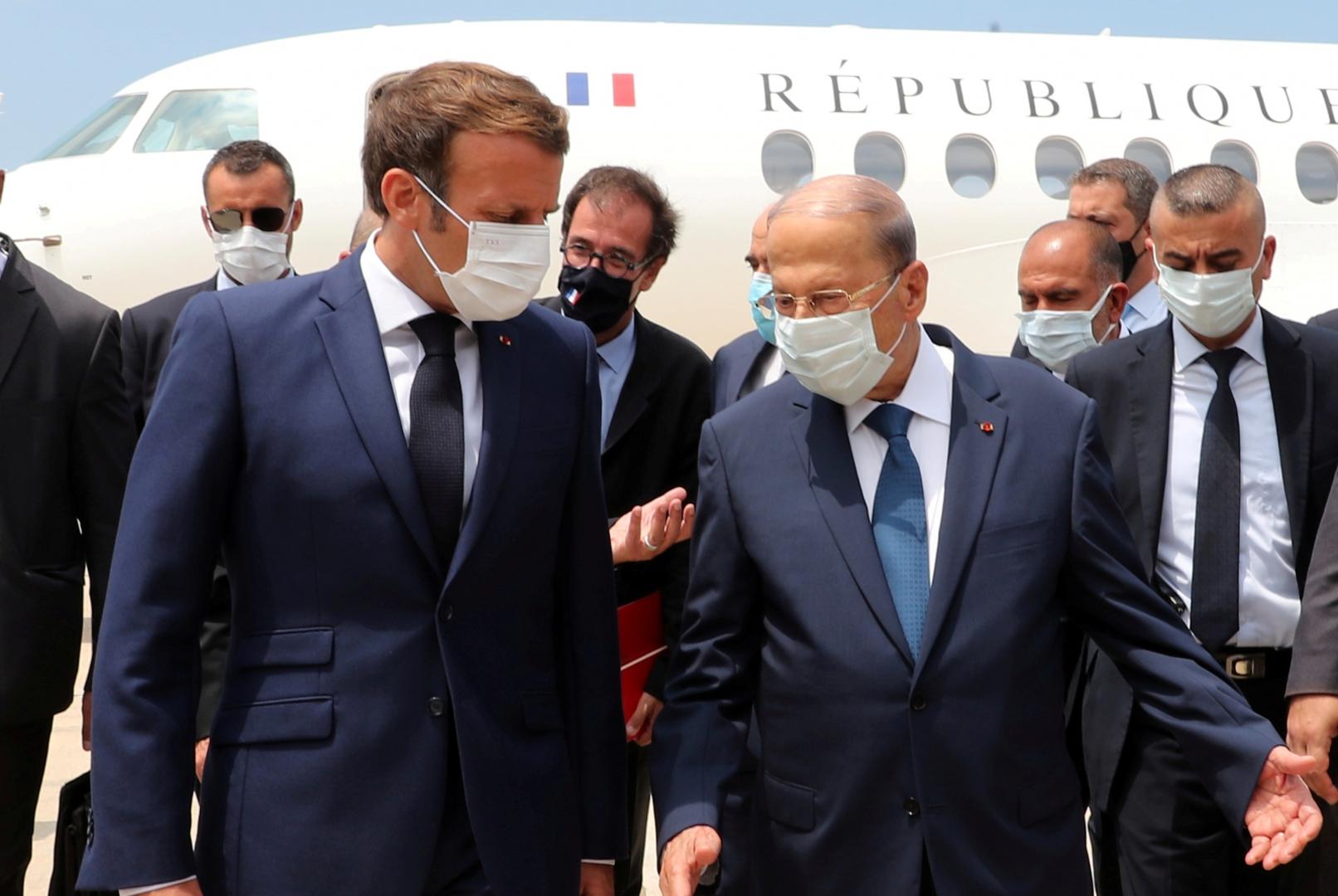 Lebanon's President Michel Aoun welcomes French President Emmanuel Macron upon his arrival at the airport in Beirut Lebanon's President Michel Aoun welcomes French President Emmanuel Macron upon his arrival at the airport in Beirut, Lebanon August 6, 2020. Dalati Nohra/Handout via REUTERS ATTENTION EDITORS - THIS IMAGE WAS PROVIDED BY A THIRD PARTY DALATI NOHRA