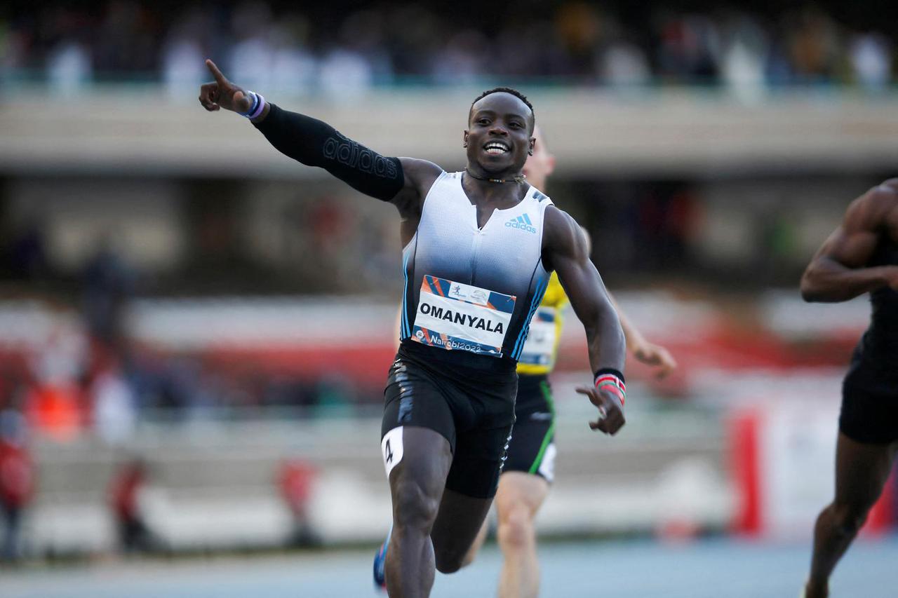 Kenya's Ferdinand Omanyala celebrates wining the men's 100 meters race during the third edition of Kip Keino Classic, in Nairobi