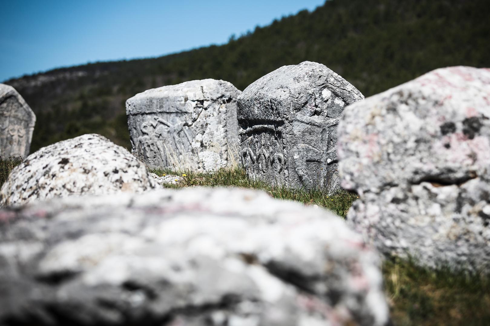 16.04.2020., Cista Provo - Arheoloski lokalitet Crljivica u kojem se nalazi najveca i najznacajnija skupina stecaka u Hrvatskoj, uglavnom iz 14. i 15. stoljeca.Stecci su ukraseni raznim prizorima lova, kola, dvoboja, biljnim motivima, krizevima i sl., a na nekima su pronadeni i natpisi na bosancici.
Photo: Milan Sabic/PIXSELL