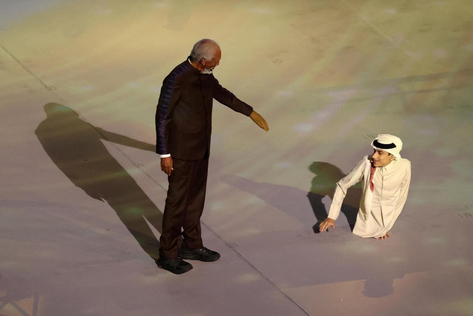 Soccer Football - FIFA World Cup Qatar 2022 - Group A - Qatar v Ecuador - Al Bayt Stadium, Al Khor, Qatar - November 20, 2022 Morgan Freeman and Ghanim al Muftah during the opening ceremony REUTERS/Amr Abdallah Dalsh Photo: AMR ABDALLAH DALSH/REUTERS