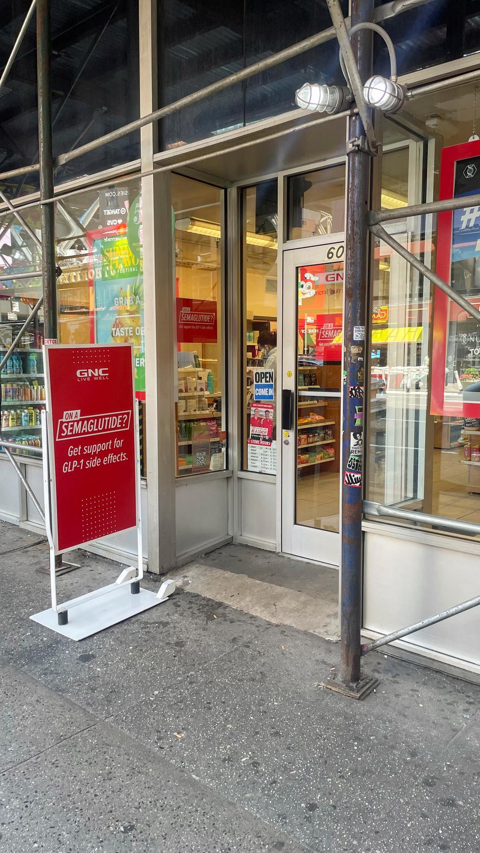 A view of a GNC store which offers products for people taking GLP-1s, in Manhattan