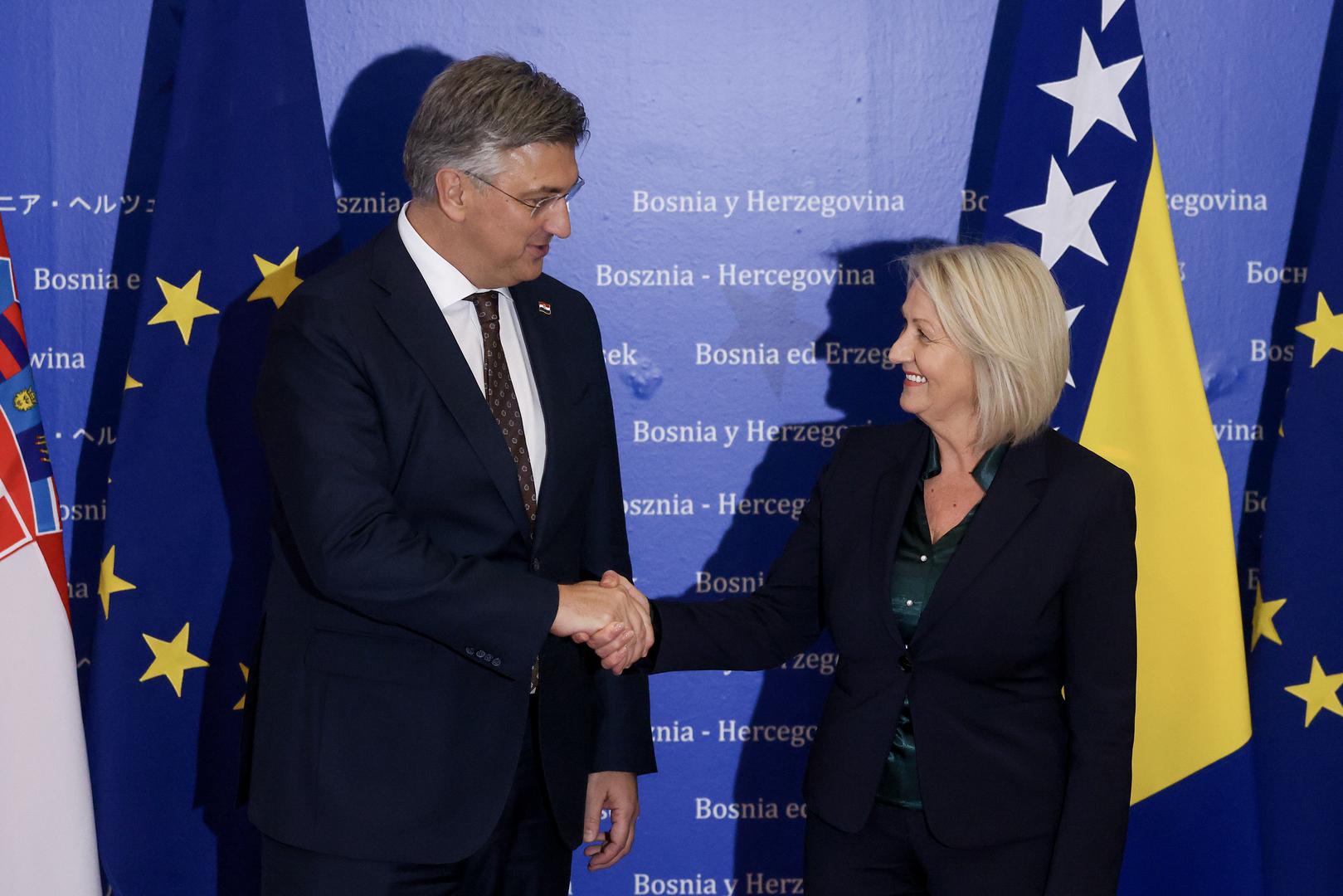 19.10.2023., Sarajevo, Bosna i Hercegovina - Predsjednik Vlade Andrej Plenkovic stigao je u sluzbeni posjet BiH, te se sastao s Predsjedateljicom Vijeca ministara BiH Borjanom Kristo. Photo: Armin Durgut/PIXSELL