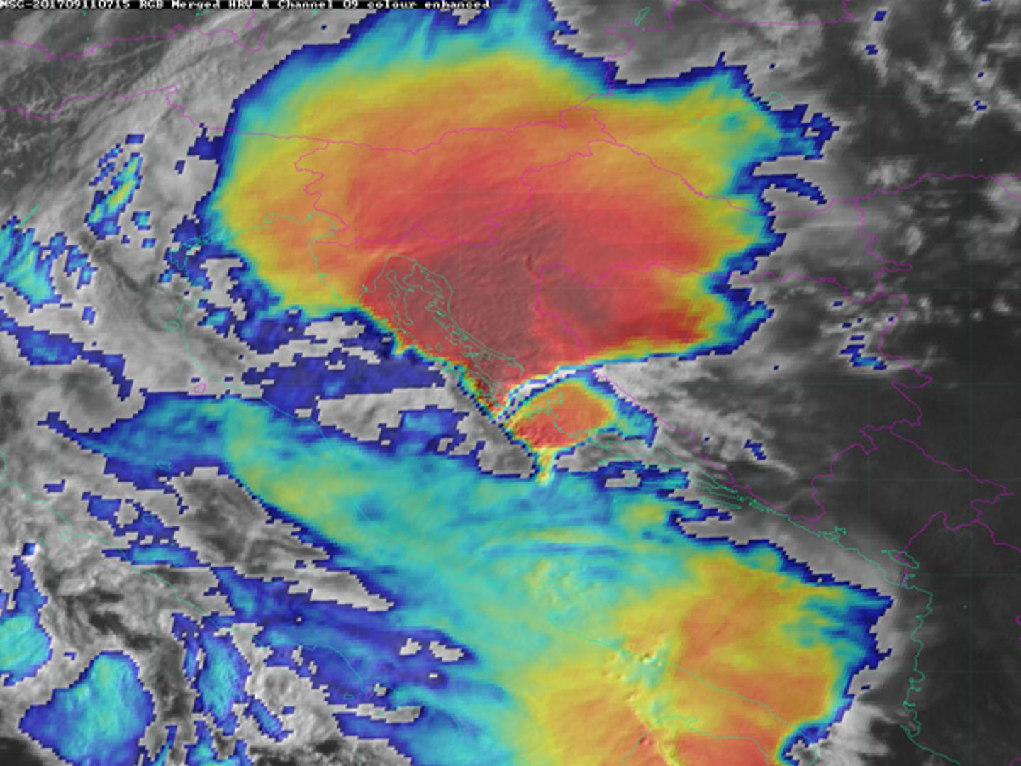 Slika 4. Kombinirani produkt: satelitska slika EUMETSAT SEVIRI HRV i temperatura u kanalu 10.8 mikrometara 11. rujna 2017. u 9:15 (7:15 UTC).