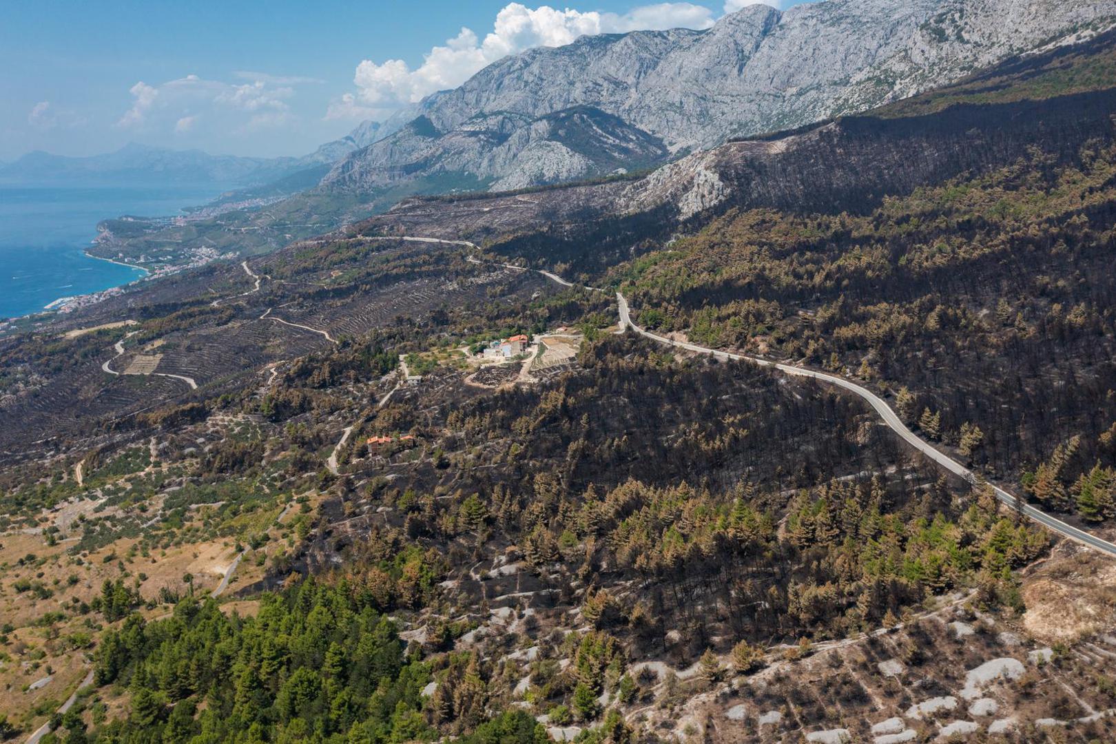 03.08.2024. Gornje Tucepi
Fotografije iz zraka opožarenog podrucja od Tucepi do Gornje Podgore i Parka prirode Biokovo. Photo: Matko Begovic/PIXSELL