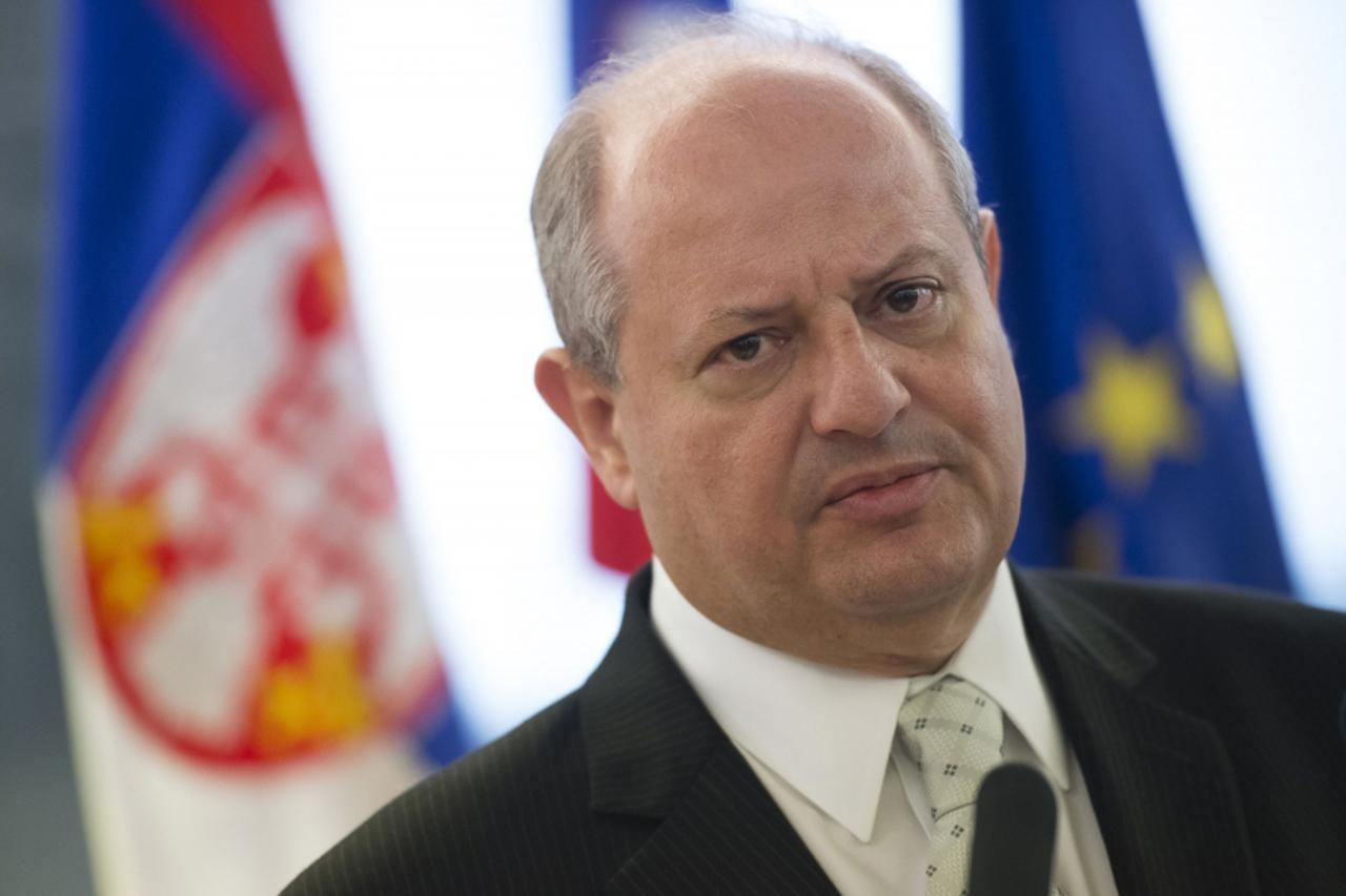 'Serbian Foreign Minister Ivan Mrkic looks on as he speaks alongside his Slovenian counterpart during a joint press conference, after a meeting in Ljubljana, on October 26, 2012. Slovenian Foreign Min