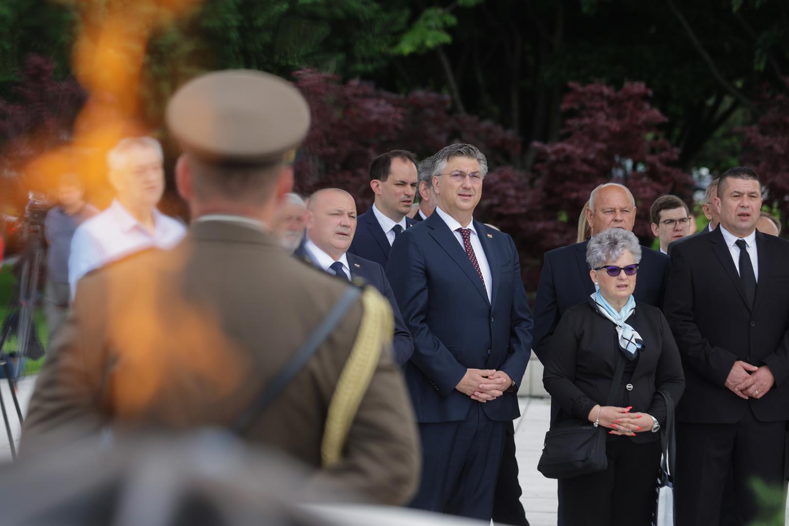 30.05.2023., Zagreb - Povodom obiljezavanja Dana drzavnosti Hrvatske, predsjednik Hrvatskog sabora Gordan Jandrokovic i premijer Andrej Plenkovic polozili su vijence i svijece na spomenik domovini. Photo: Luka Stanzl/PIXSELL