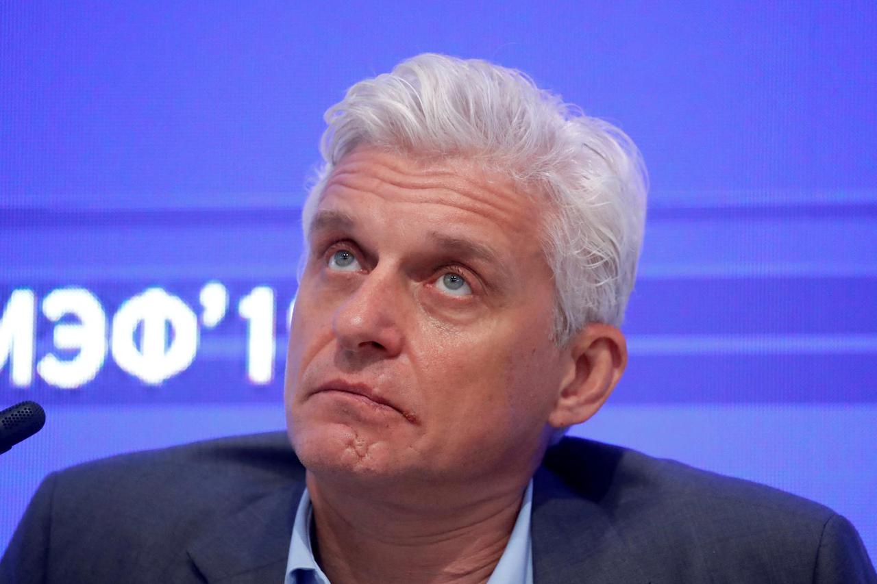 FILE PHOTO: Russian business tycoon Oleg Tinkov attends a session of the St. Petersburg International Economic Forum