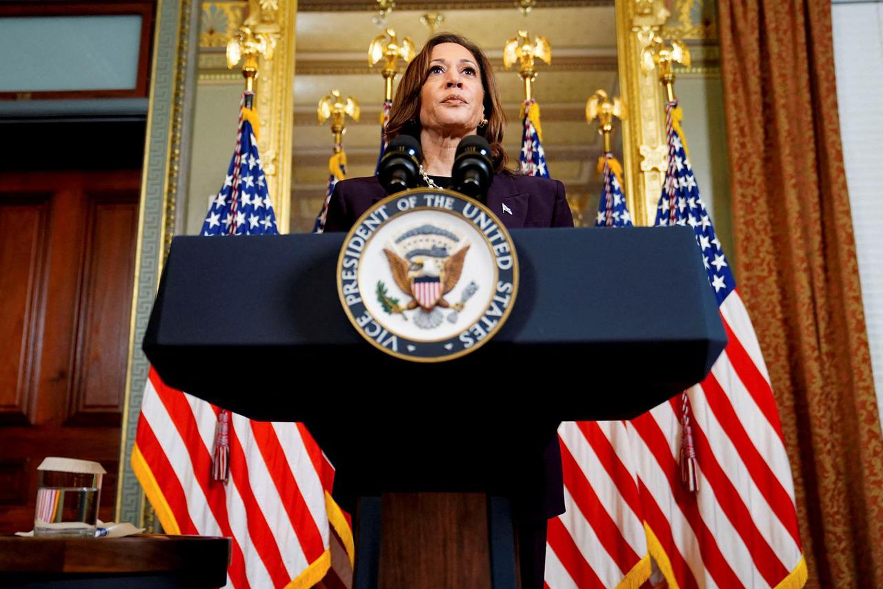 U.S. Vice President Kamala Harris delivers remarks at a press conference, in Washington