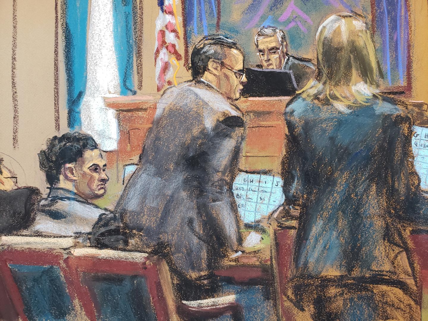 Assistant U.S. Attorney Danielle Sassoon questions Caroline Ellison as defense lawyer Mark Cohen stands to object at Sam Bankman-Fried's fraud trial before U.S. District Judge Lewis Kaplan over the collapse of FTX, the bankrupt cryptocurrency exchange, at Federal Court in New York City, U.S., October 11, 2023 in this courtroom sketch. REUTERS/Jane Rosenberg Photo: JANE ROSENBERG/REUTERS