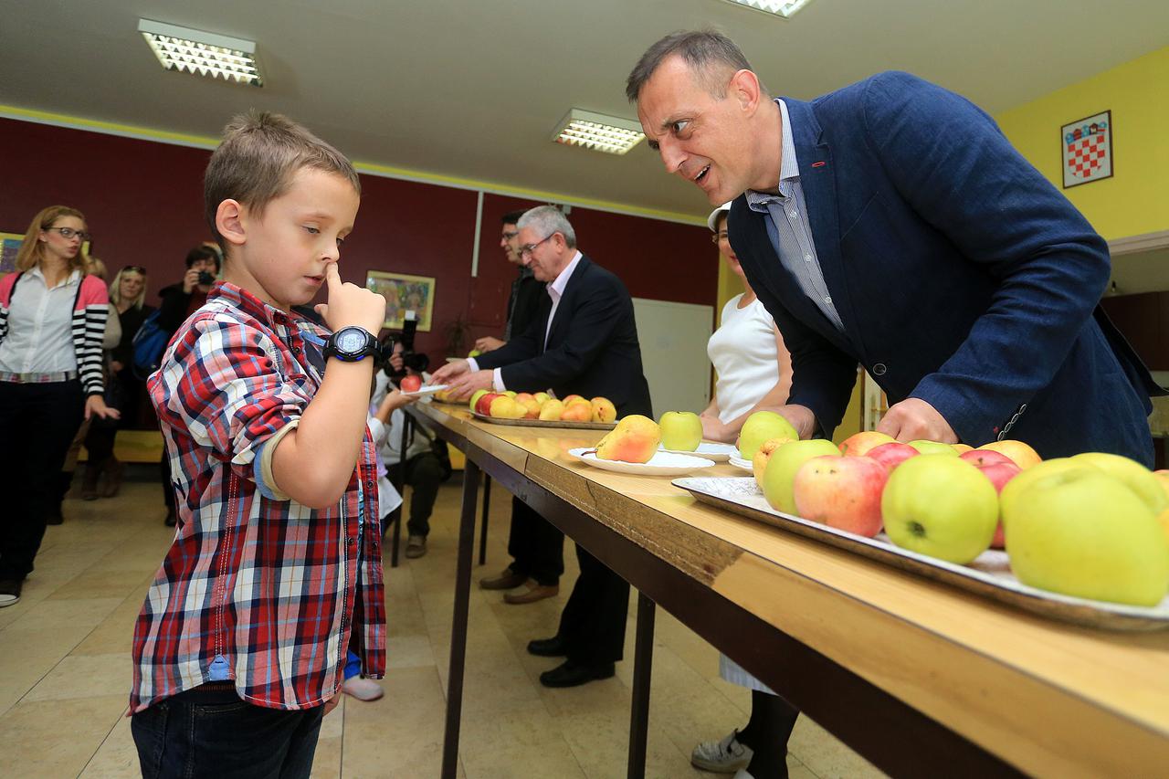 04.10.2013., Osijek - Ministri Tihomir Jakovina, Zeljko Jovanovic i zamjenik ministra zdravlja Marijan Cesarik podijelili voce ucenicima prvog razreda OS Ljudevita Gaja.  Rijec je o promociji pocetka provedbe Sheme skolskog voca. Photo: Davor Javorovic/PI