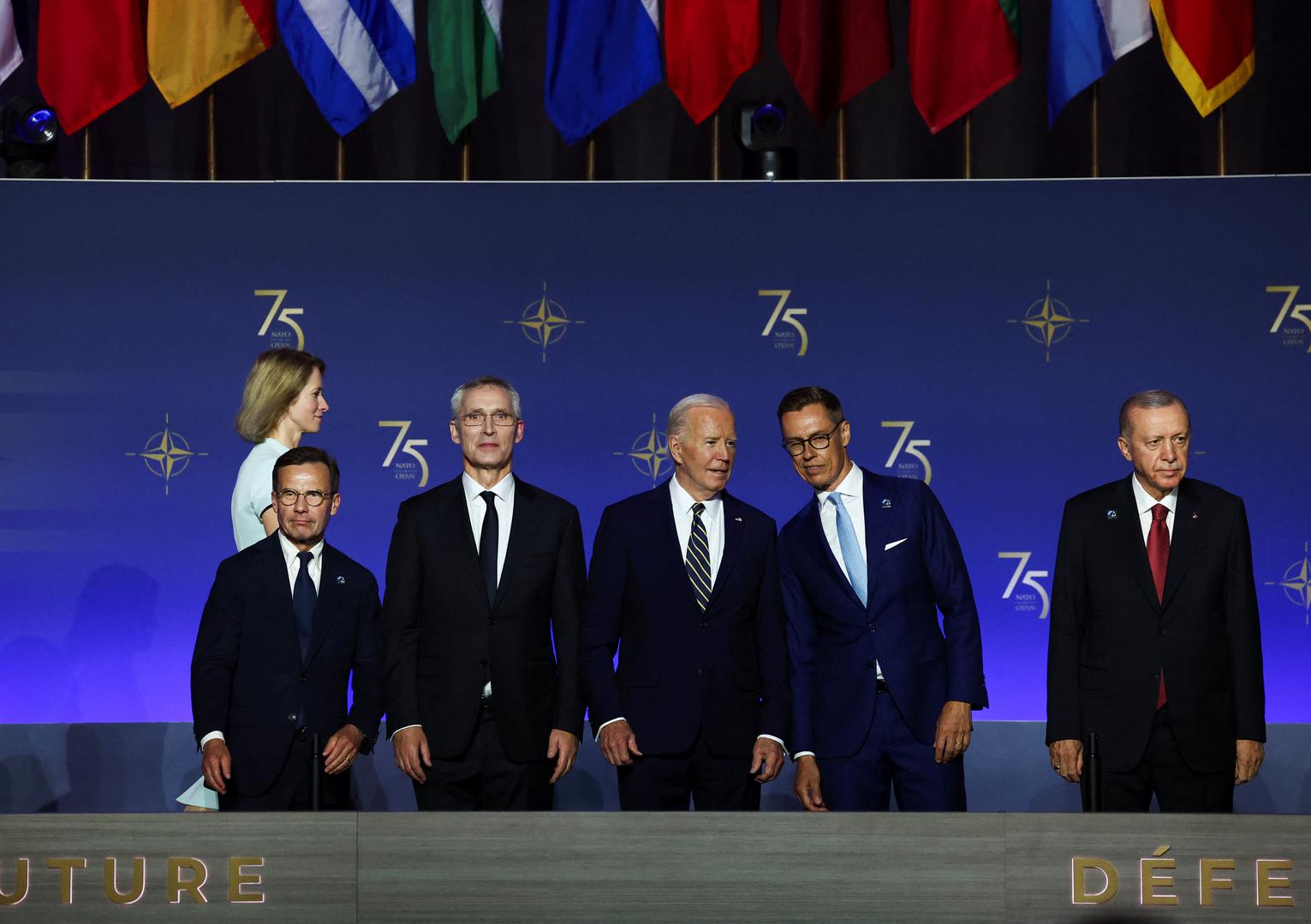 U.S. President Joe Biden, NATO Secretary General Jens Stoltenberg, Finland's President Alexander Stubb, Sweden's Prime Minister Ulf Kristersson, Turkey's President Tayyip Erdogan and Estonia's Prime Minister Kaja Kallas attend a NATO event to commemorate the 75th anniversary of the alliance, in Washington, U.S., July 9, 2024. REUTERS/Yves Herman Photo: YVES HERMAN/REUTERS