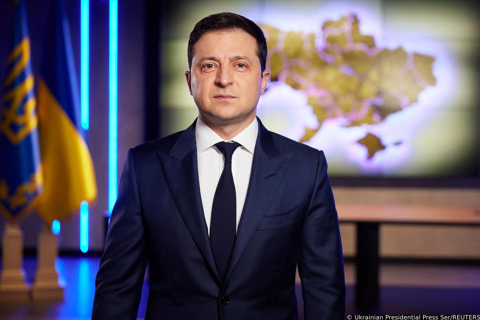 Ukrainian President Volodymyr Zelenskiy addresses the nation after a meeting of the Security and Defense Council after Russia's decision to formally recognize two Moscow-backed regions of eastern Ukraine as independent, in Kyiv, Ukraine, February 22, 2022. Ukrainian Presidential Press Service/Handout via REUTERS ATTENTION EDITORS - THIS IMAGE WAS PROVIDED BY A THIRD PARTY. Photo: Ukrainian Presidential Press Ser/REUTERS