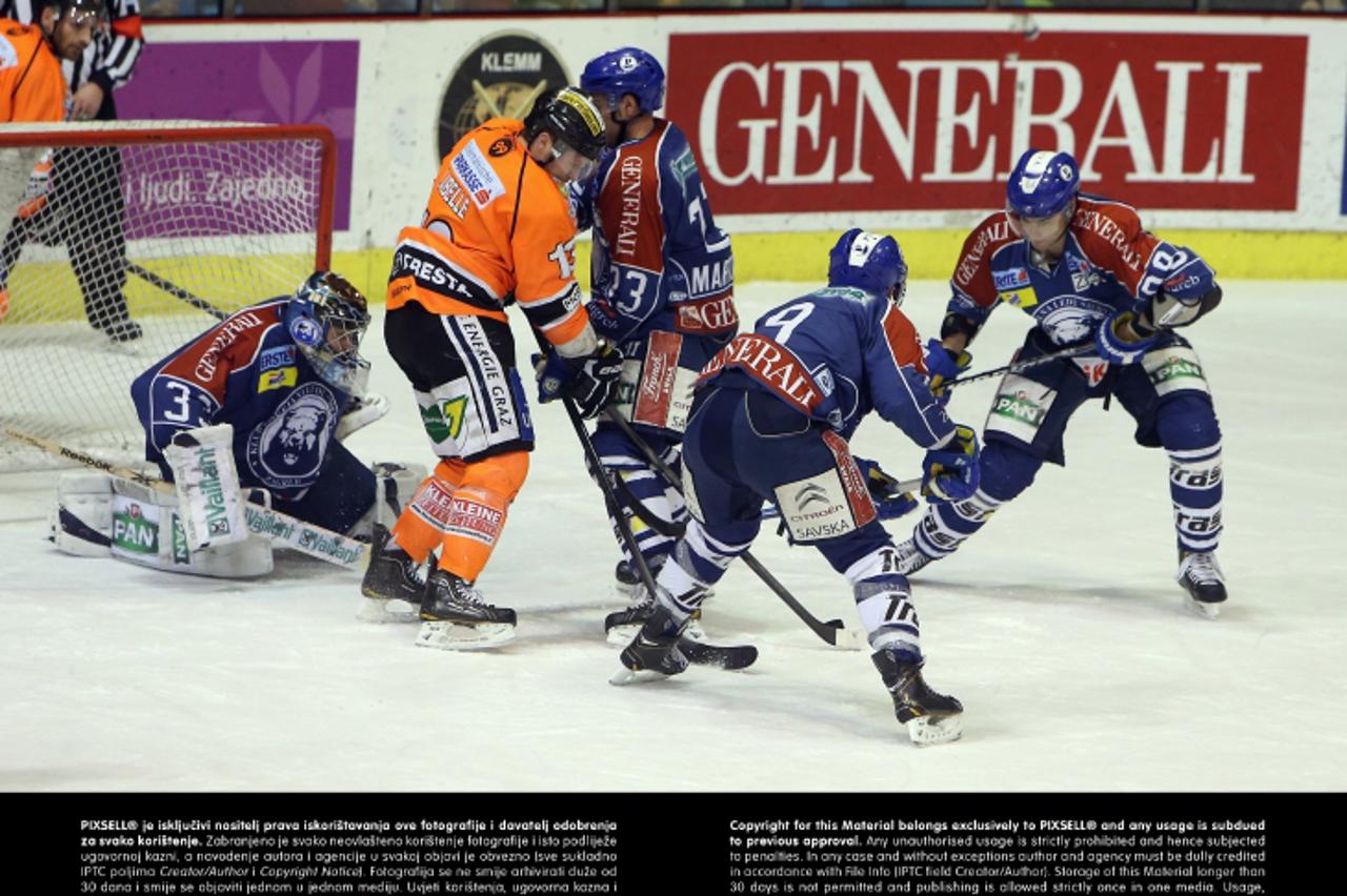 '11.01.2013., Dom sportova, Zagreb - EBEL liga, 40. kolo, KHL Medvescak - Moser Medical Graz99ers. Olivier Labelle, Brandon Buck, Sasa Martinovic, Robert Kristan.  Photo: Dalibor Urukalovic/PIXSELL'