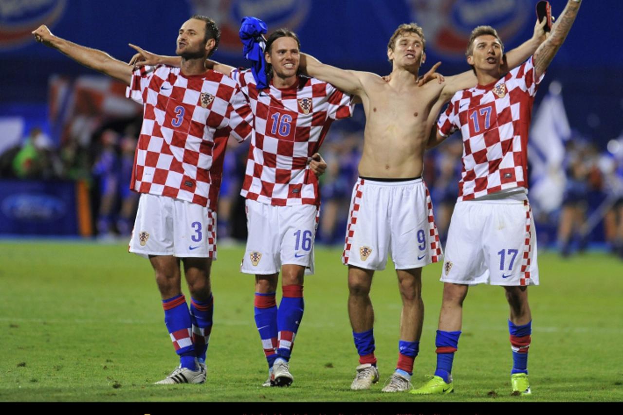 '06.09.2011., stadion u Maksimiru, Zagreb - Kvalifikacije za EP 2012., Hrvatska - Izrael.  Josip Simunic, Tomislav Dujmovic, Nikica Jelavic, Mario Mandzukic, slavlje Photo: Goran Stanzl/PIXSELL'