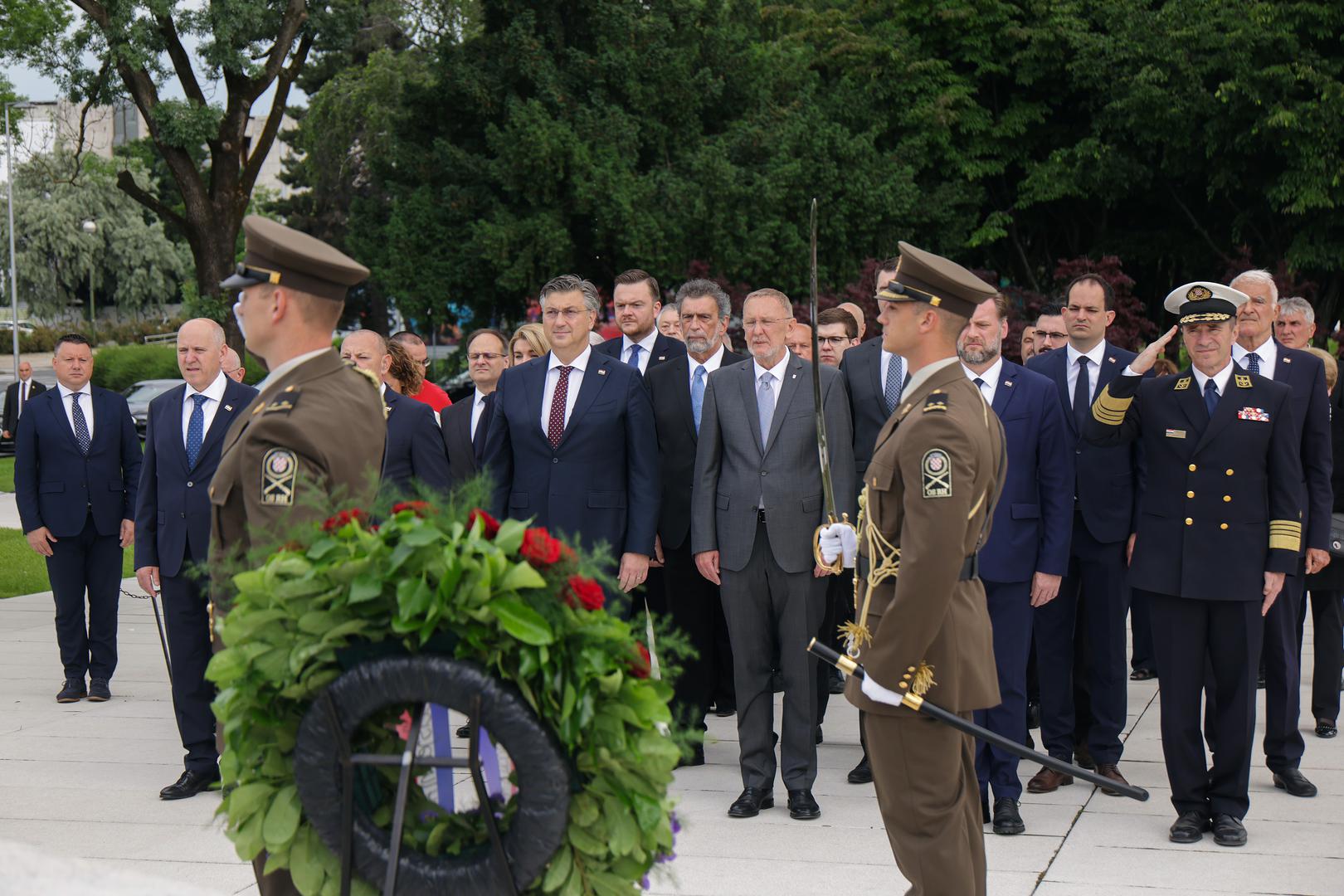 30.05.2023., Zagreb - Povodom obiljezavanja Dana drzavnosti Hrvatske, predsjednik Hrvatskog sabora Gordan Jandrokovic i premijer Andrej Plenkovic polozili su vijence i svijece na spomenik domovini. Photo: Luka Stanzl/PIXSELL