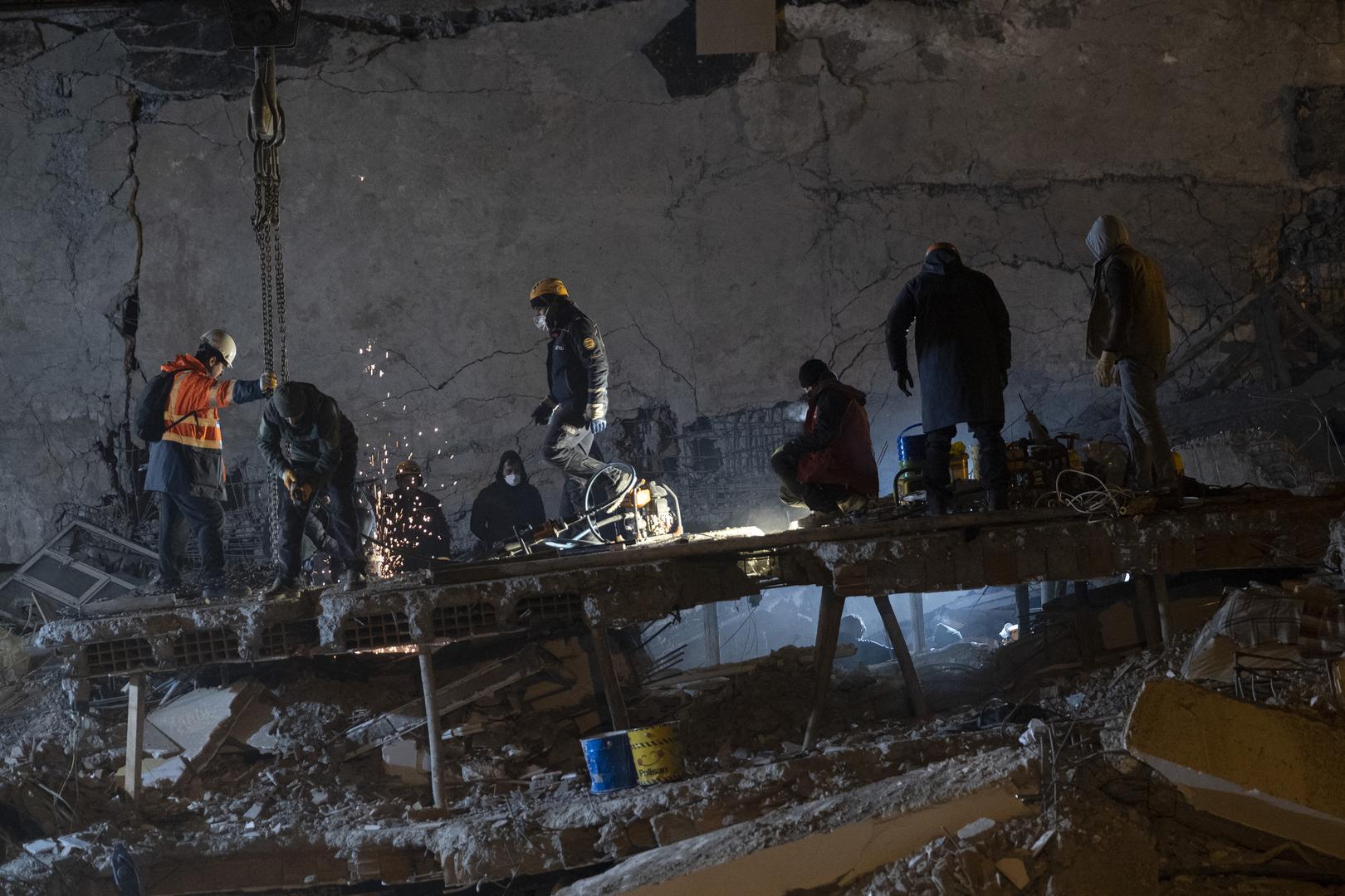 Members of a rescue team conduct a search and rescue operation in Diyarbakır, southern Turkey, on February 8, 2023. More than 20,000 people are now known to have been killed in Monday's earthquakes in Turkey and Syria, though the UN warns the disaster's full extent is still unclear. Rescuers are still searching rubble for survivors, but hopes are fading more than four days since the first quake. Photo by Tolga Sezgin/NARhotos/ABACAPRESS.COM Photo: Sezgin Tolga/NARphotos/ABACA/ABACA