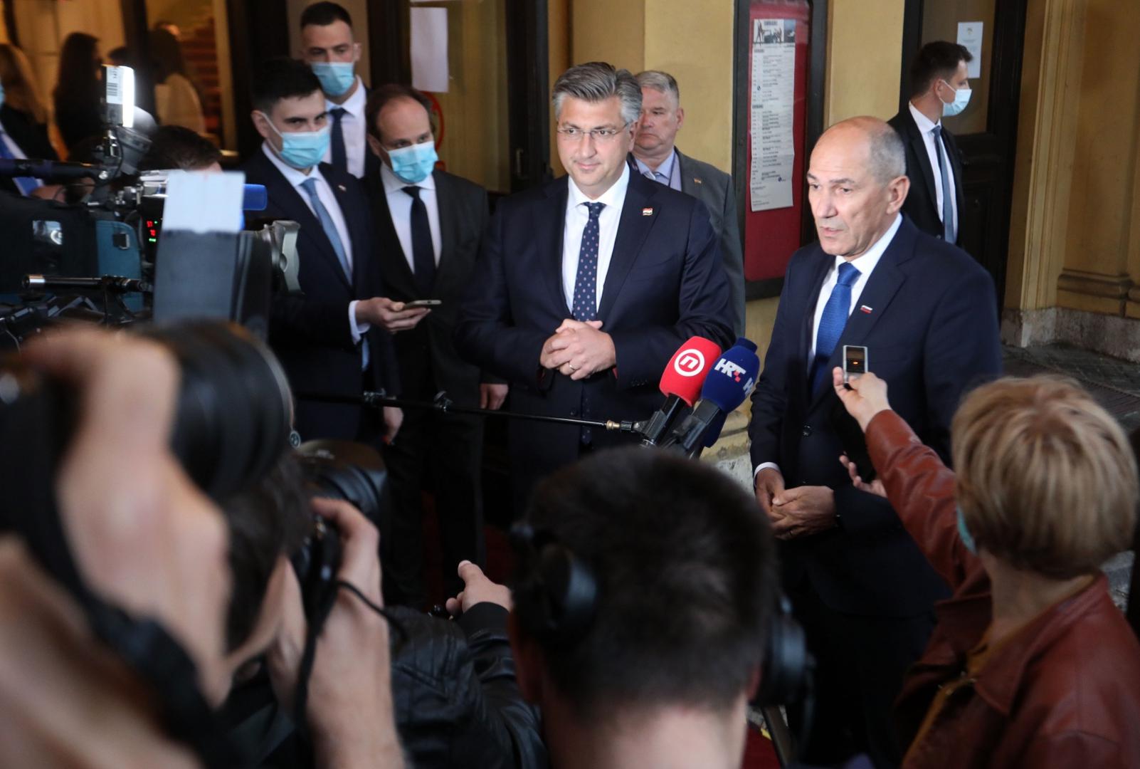 29.05.2021., Zagreb - U Hrvatskom narodnom kazalistu odrzan je svecani koncert povodom Dana drzavnosti. Predsjednik Vlade RH Andrej Plenkovic, slovenski premijer Janez Jansa. Photo: Marin Tironi/PIXSELL