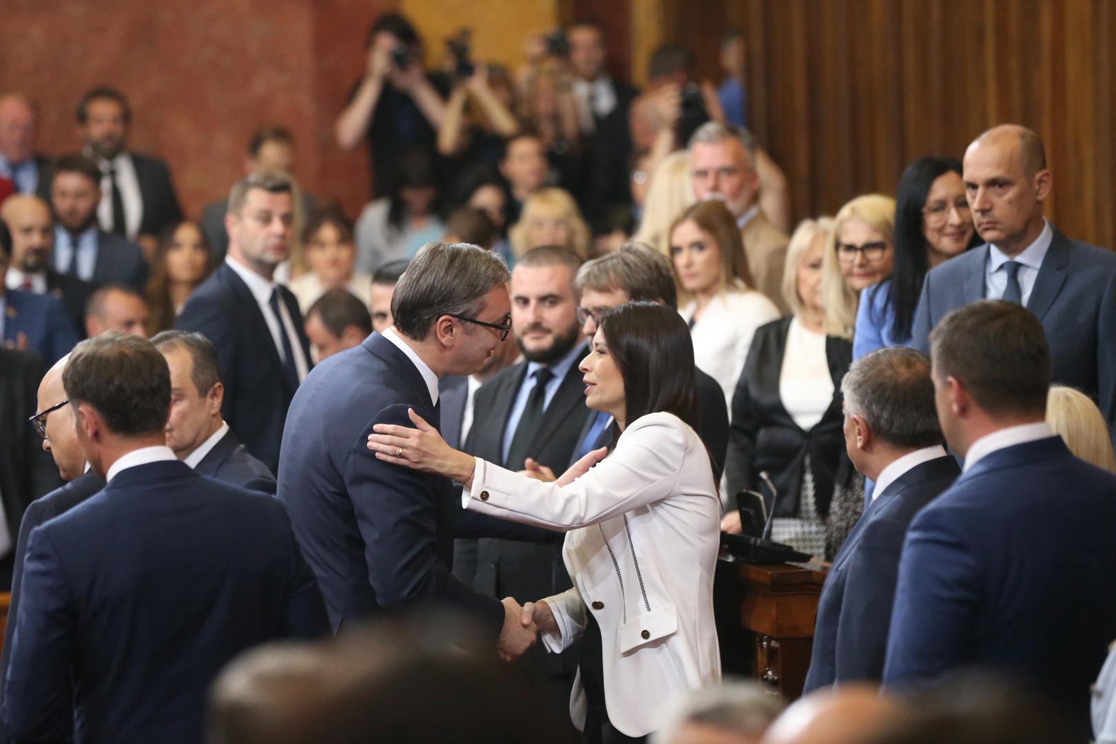 02, May, 2024, Belgrade - The Prime Minister of the Republic of Serbia, Milos Vucevic, and the ministers took the oath in the Assembly of the Republic of Serbia, and with that, their mandate officially began. Aleksandar Vucic, Irena Vujovic. Photo: F.S./ATAImages

02, maj, 2024, Beograd - Predsednik Vlade Republike Srbije Milos Vucevic i ministri polozili su zakletvu u Skupstini Republike Srbije, a time je poceo i zvanicno da im tece mandat. Photo: F.S./ATAImages Photo: F.S./ATAImages/PIXSELL