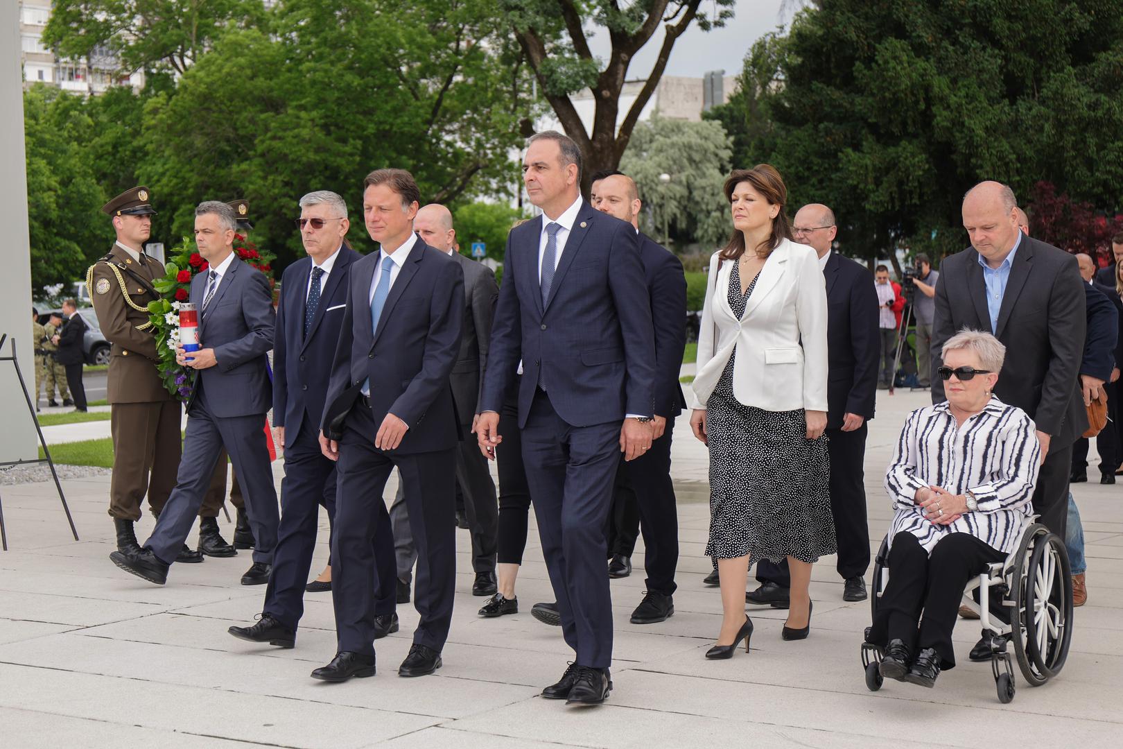 30.05.2023., Zagreb - Povodom obiljezavanja Dana drzavnosti Hrvatske, predsjednik Hrvatskog sabora Gordan Jandrokovic i premijer Andrej Plenkovic polozili su vijence i svijece na spomenik domovini. Photo: Luka Stanzl/PIXSELL