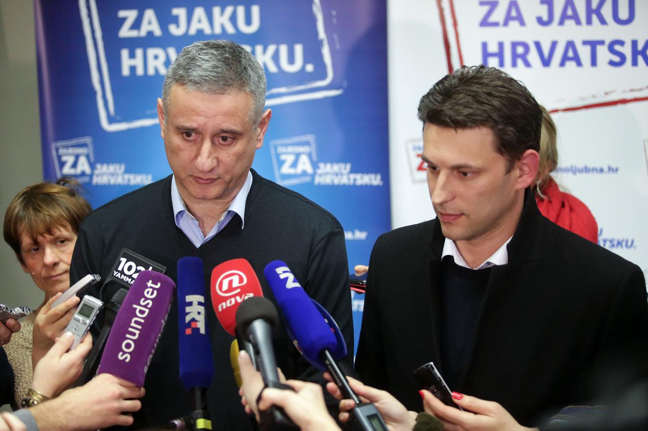 04.01.2016., Zagreb - Predstavnici HDZ-a i Mosta nakon sastanka u sredisnjici HDZ-a dali su izjave za medije. Bozo Petrov, Tomislav Karamarko, Ivan Jabuka.  Photo: 