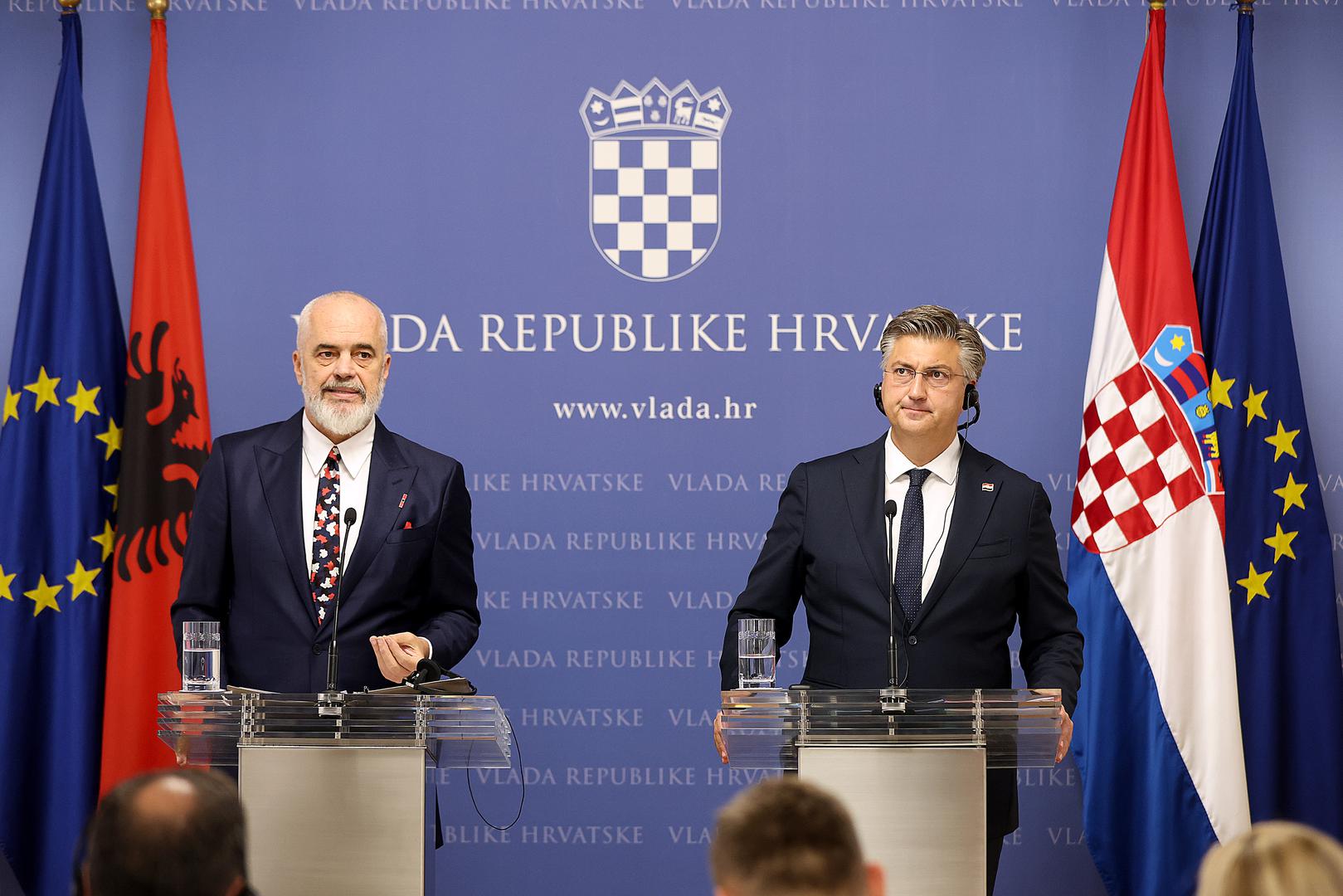 02.10.2023., Zagreb - Predsjednik Vlade Andrej Plenkovic primio je predsjednika Vlade Republike Albanije Edija Ramu, koji boravi u sluzbenom posjetu Hrvatskoj. Izjave za medije nakon sastanka. Photo: Goran Stanzl/PIXSELL