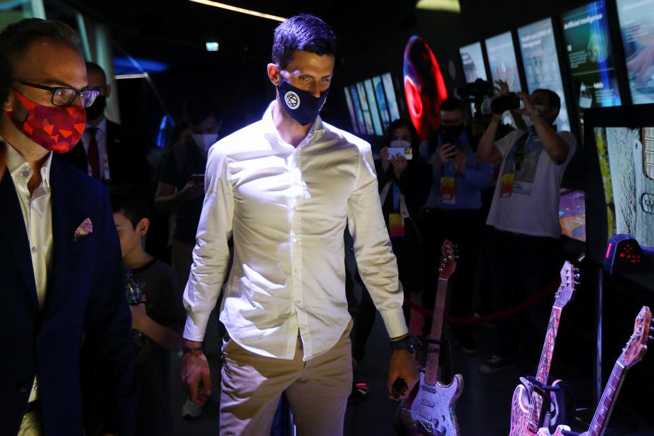 Tennis player Novak Djokovic visits the Serbia pavilion at Expo 2020, in Dubai