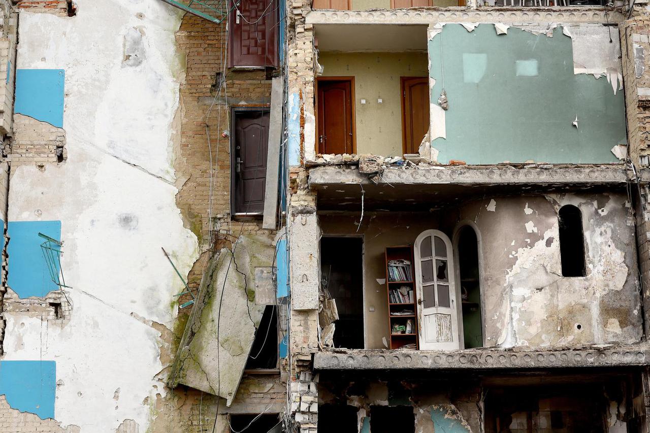 A destroyed residential building is seen in Borodianka