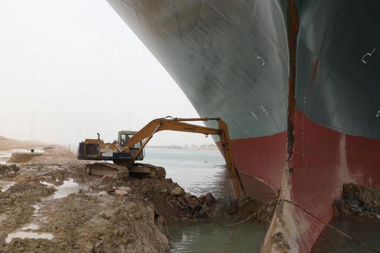 Stranded container ship Ever Given, one of the world's largest container ships, is seen after it ran aground, in Suez Canal